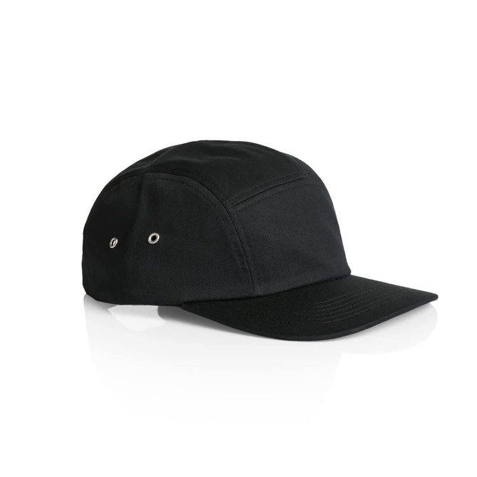 A black five-panel cap featuring a curved brim and side ventilation eyelets, with a logo on the front.