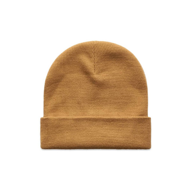 A mustard yellow cuff beanie with a folded brim, featuring a logo on the side.