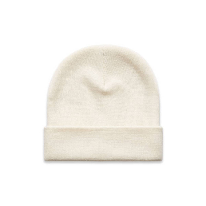 A cream-coloured cuff beanie featuring a folded brim and a simple design. It has a logo.