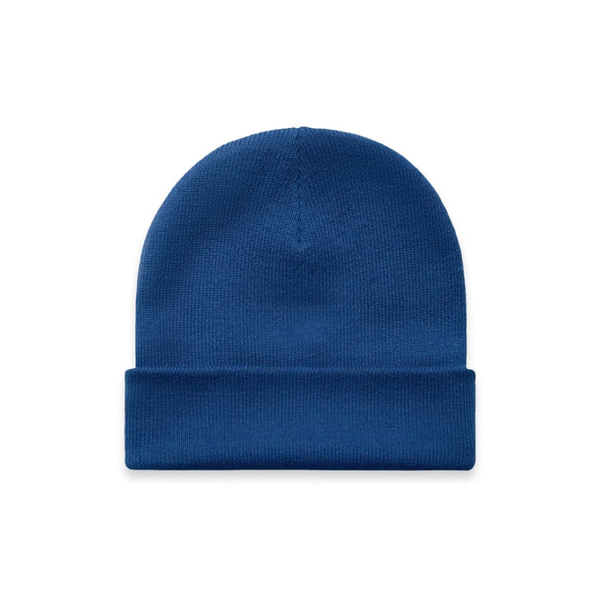 A blue cuff beanie with a ribbed texture and a folded brim. The beanie features a logo.