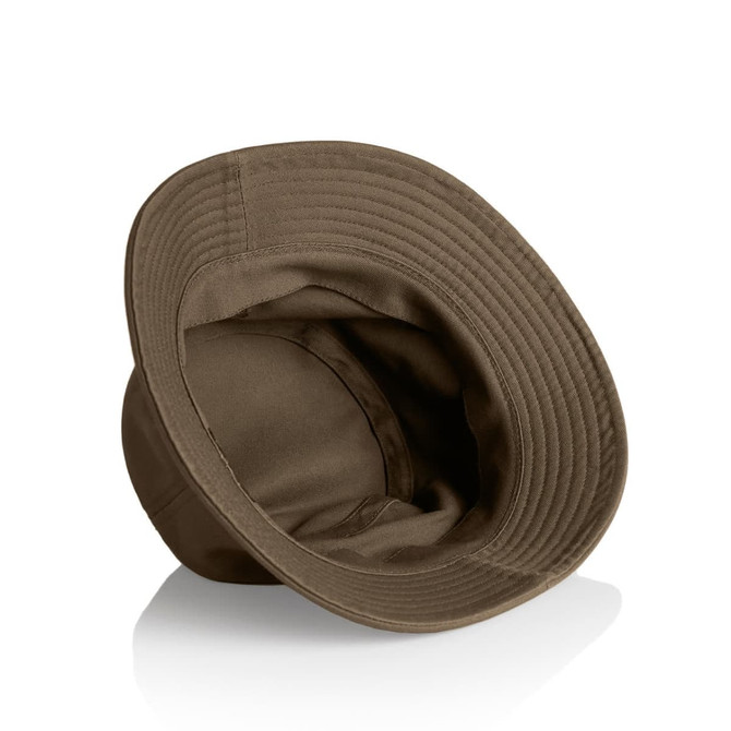A brown bucket hat with a wide brim, featuring a lined interior and a logo on the inside.