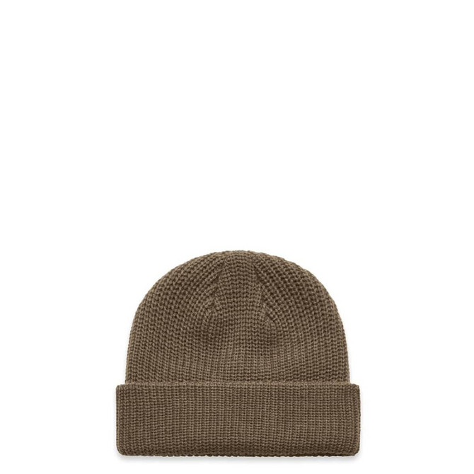 A brown knit beanie featuring a textured pattern and a rolled cuff. It includes a logo on the side.