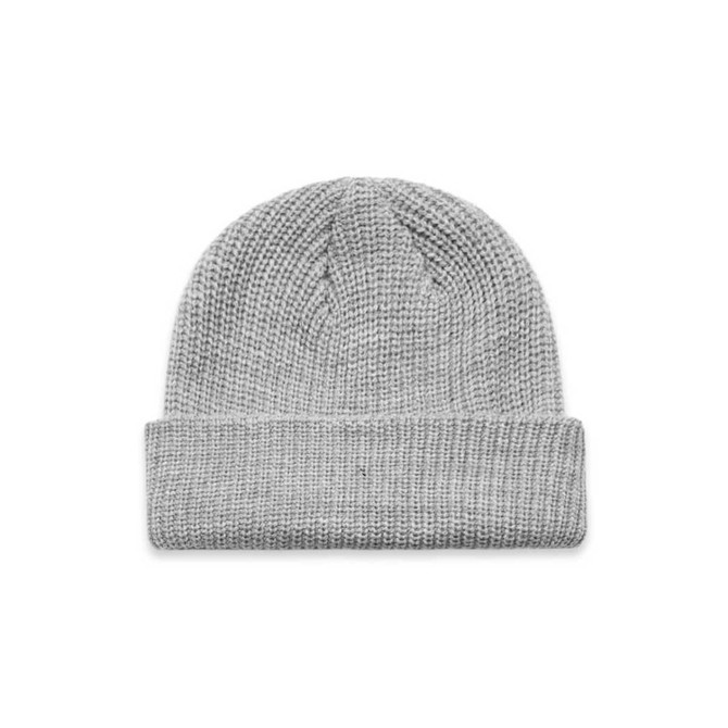 A grey beanie with a folded brim, featuring a textured knit design and a logo.