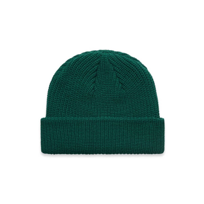 A green knitted beanie with a folded cuff and textured detailing. It features a small logo.