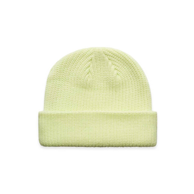 A pale yellow beanie featuring a fold-up brim and a textured knit pattern. It has a logo on the side.