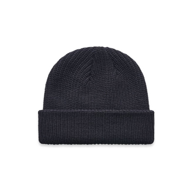A black Cable Beanie made of textured fabric, featuring a foldable cuff and a logo.