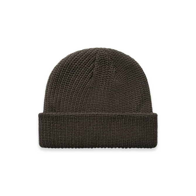 A dark brown beanie with a textured knit design and a folded cuff. It features a logo on the side.