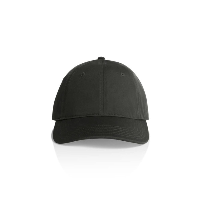 A black cap with a curved brim and six ventilation holes, featuring a logo at the front.