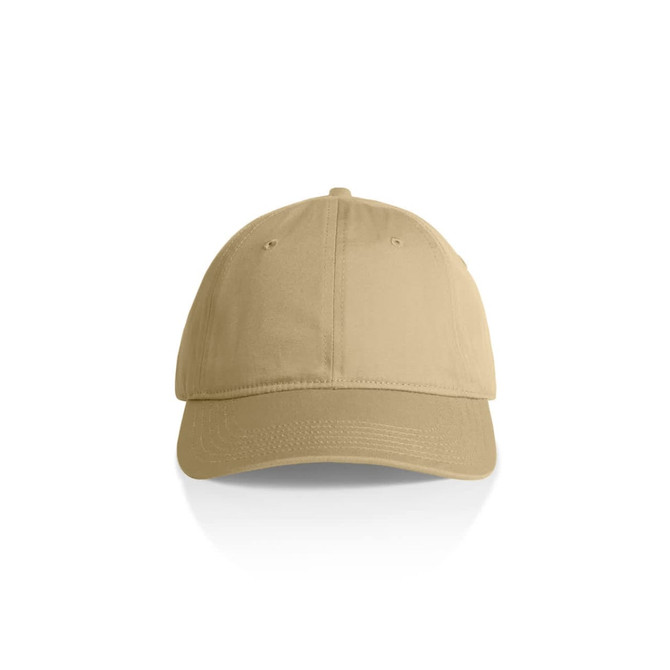 A beige cap with a curved brim and an adjustable strap at the back. It features a logo on the front.
