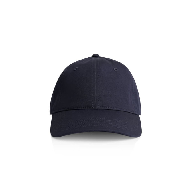 A navy cap with a curved brim and a logo on the front, featuring a classic design for headwear.