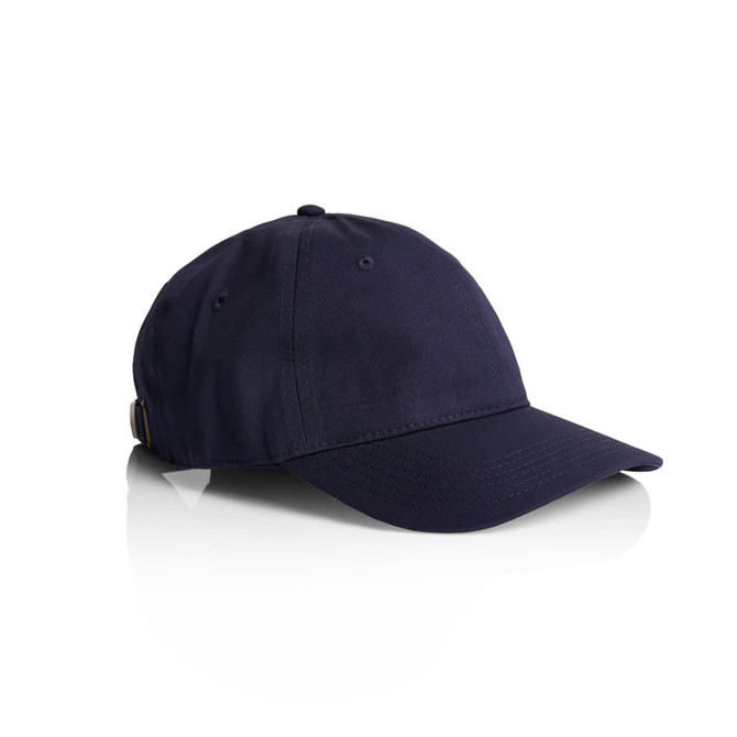 A navy cap with a curved brim and an adjustable strap, featuring a logo on the side.