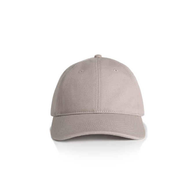 A beige cap with a logo on the front, featuring a classic structured design.