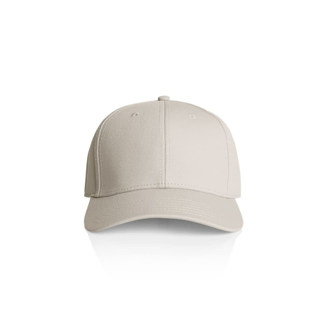A beige cap with a structured front, featuring an adjustable strap at the back and a logo.