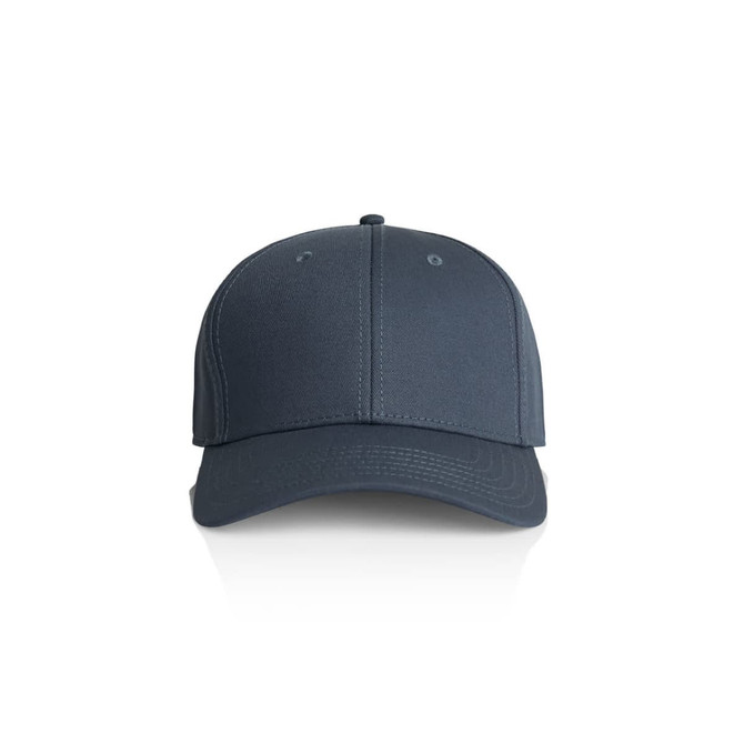 A grey cap with a structured design and a curved brim, featuring a logo on the front.