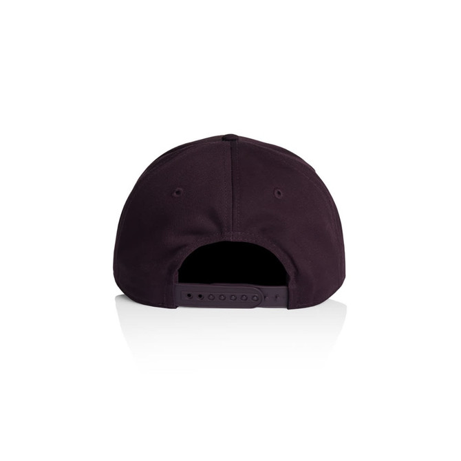 A black cap featuring a back closure and a branding logo. The design is simple and streamlined.