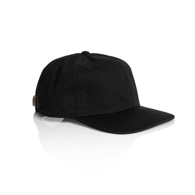 A black cap with a structured crown and a curved brim, featuring a small logo on the side.