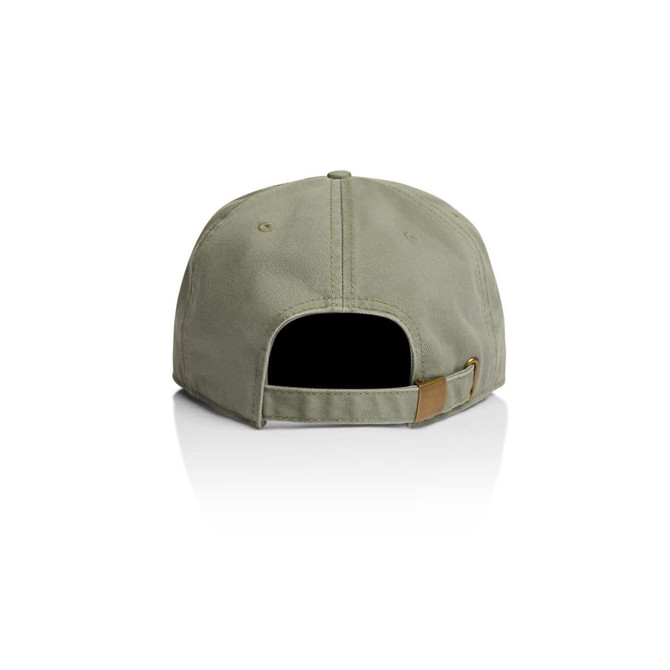 A khaki cap with an adjustable strap at the back. Features a logo on the side.