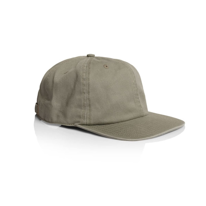 A khaki cap with a curved brim and a logo on the side, featuring a classic design.