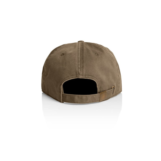 A brown cap featuring a fabric strap and an opening at the back. It has a logo on the back.