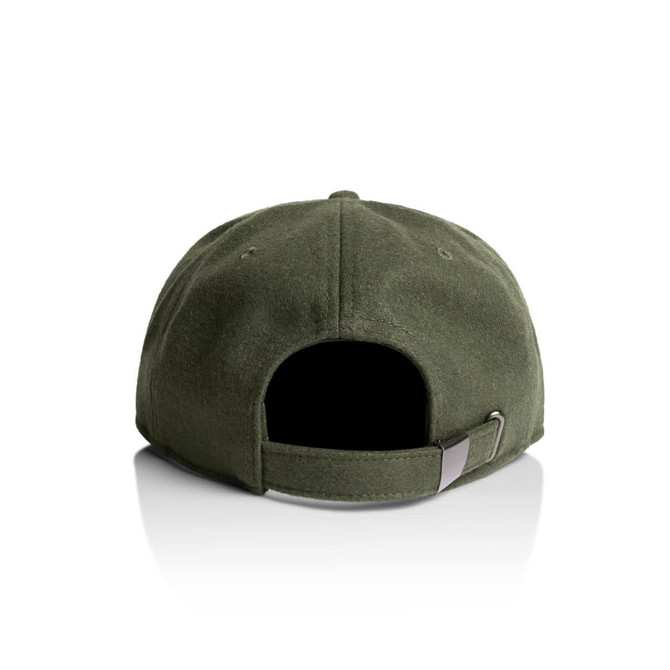 A green wool cap featuring a back opening and an adjustable strap, with a logo on the side.