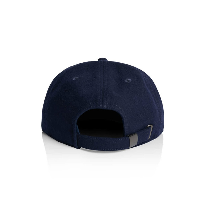 A navy wool cap with a curved brim and an adjustable strap at the back. It features a logo on the side.