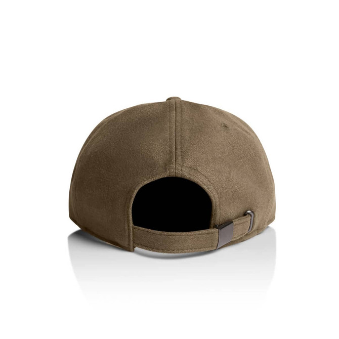 A brown wool cap featuring a back opening and an adjustable strap. The cap has a logo on it.