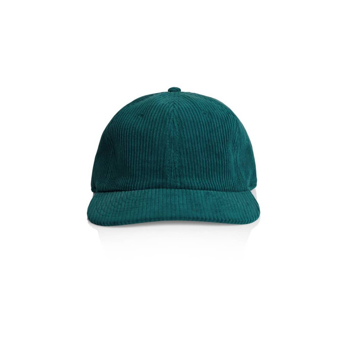 A green corduroy cap with a curved brim and a simple design, featuring a logo on the front.