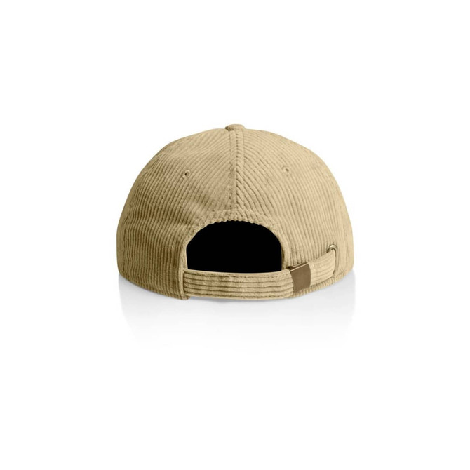 A beige cord cap with a textured fabric and an adjustable back strap. It features a logo on the side.