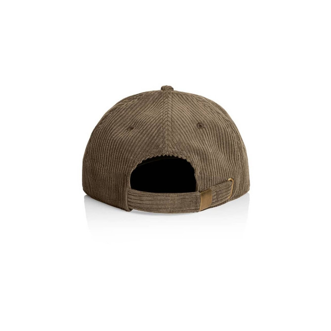 A brown corduroy cap with a rear adjustment strap and a logo. The texture is ribbed and plush.