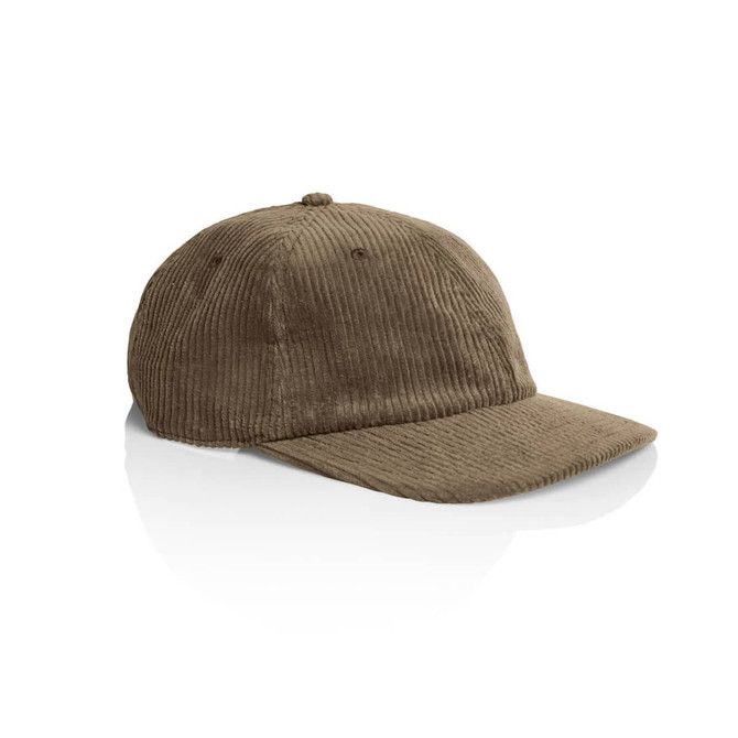 A brown corduroy cap with a curved brim and a simple logo.