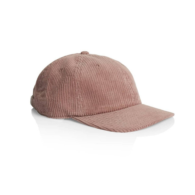 A cord cap in a soft pink hue featuring a rounded crown and a curved peak, with a logo on the side.