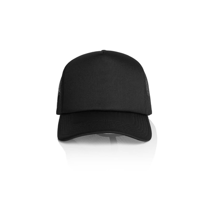 A black trucker cap with a solid front and mesh back, featuring a logo on the front.