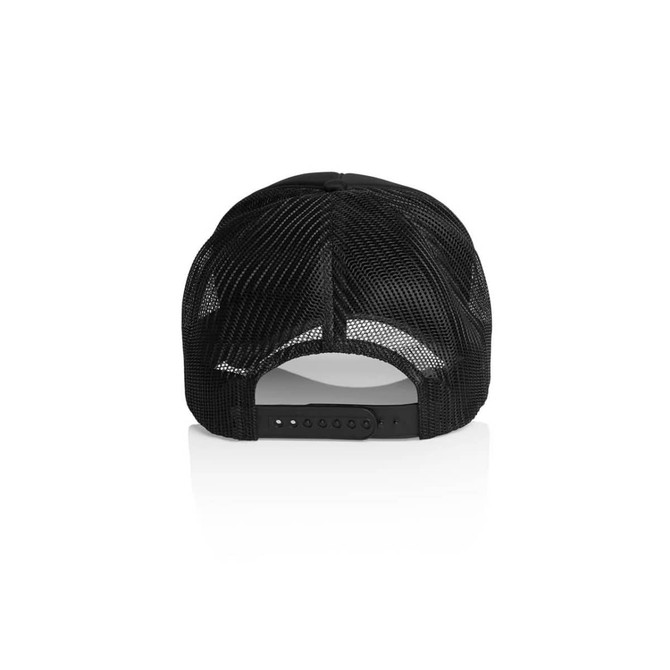 A black foam trucker cap with a mesh design at the back and an adjustable strap. It features a logo.