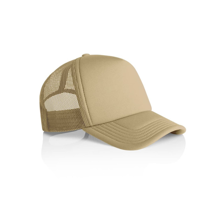 A beige trucker cap featuring a solid front and mesh back, with a curved brim and an adjustable strap.