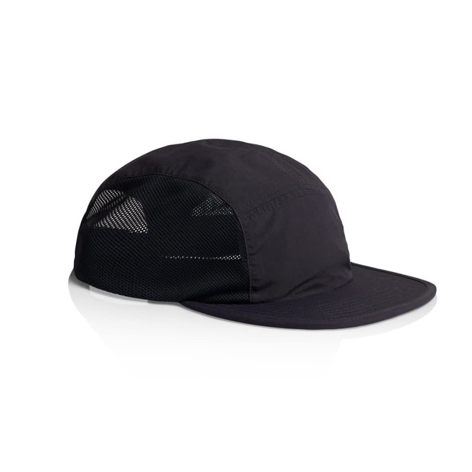 A black cap with mesh sides and a curved brim, featuring a logo on the front.