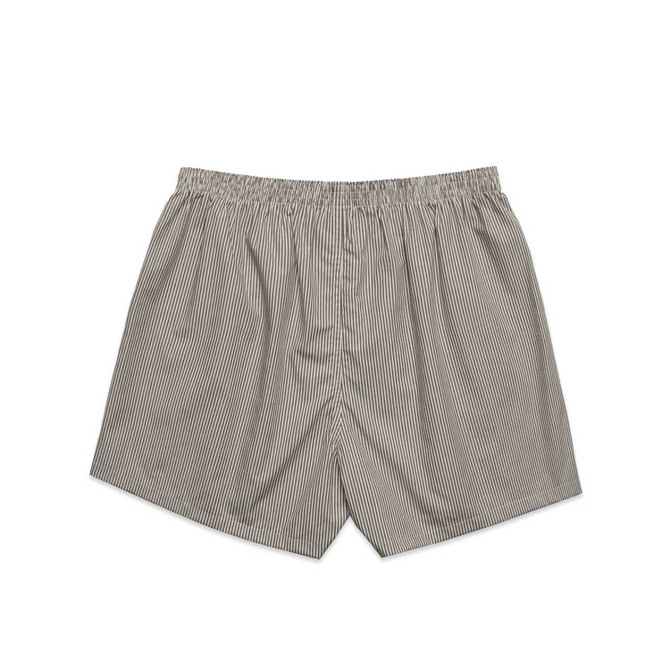Striped grey boxer shorts with an elastic waistband, featuring a classic loose fit design.