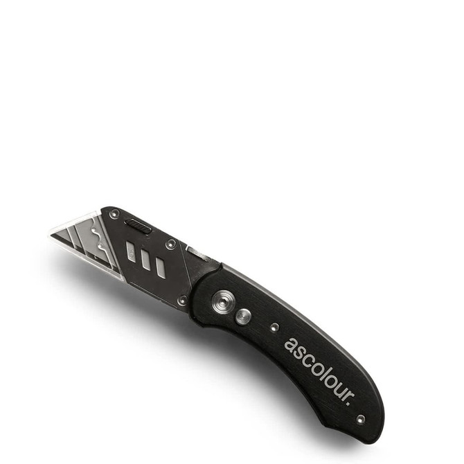 A black utility knife with a silver blade and a metal casing, featuring a logo.