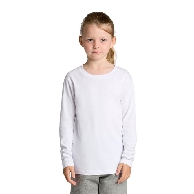 A white long-sleeve t-shirt for kids, featuring a round neckline and a simple design.