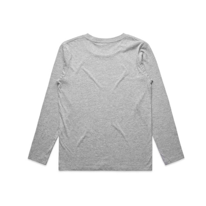A grey long-sleeve T-shirt with a plain back, featuring a logo on the back.
