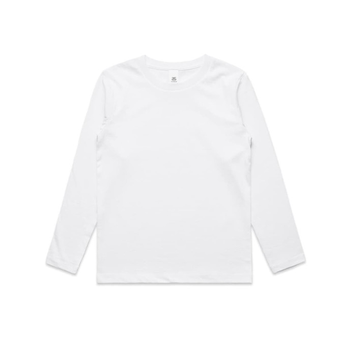 A plain white long-sleeve t-shirt with a crew neck and a logo tag inside the collar.