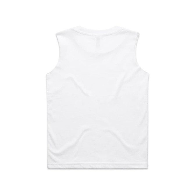 A white sleeveless tank top with a simple design and a small logo on the back.