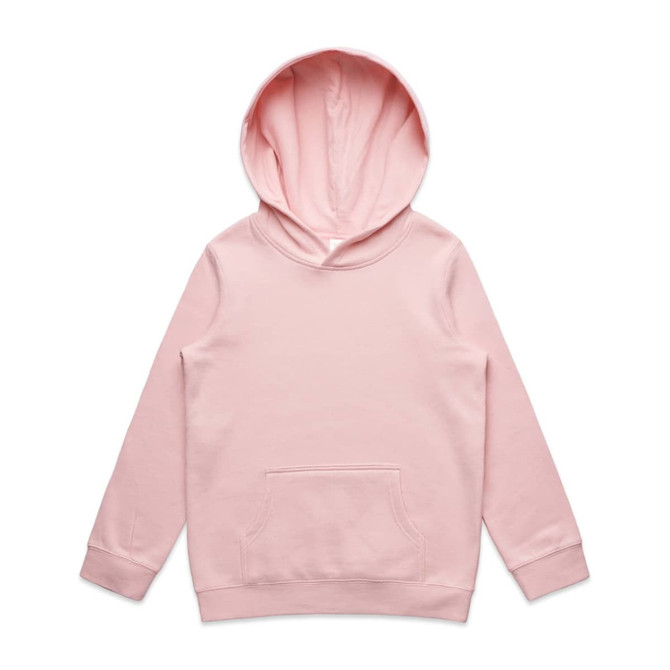 A pink hooded jumper featuring a kangaroo pocket and a hood. The product has a branding logo.