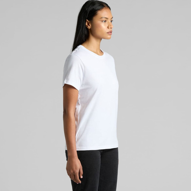 A white organic cotton t-shirt displayed on a model from the side. The t-shirt features a logo.