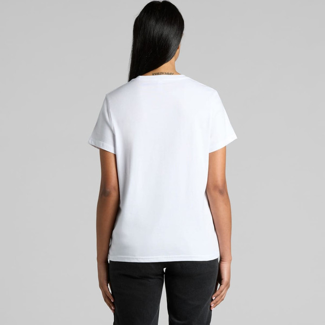A white organic t-shirt viewed from the back, featuring short sleeves and a simple design. It has a logo on the back neckline.