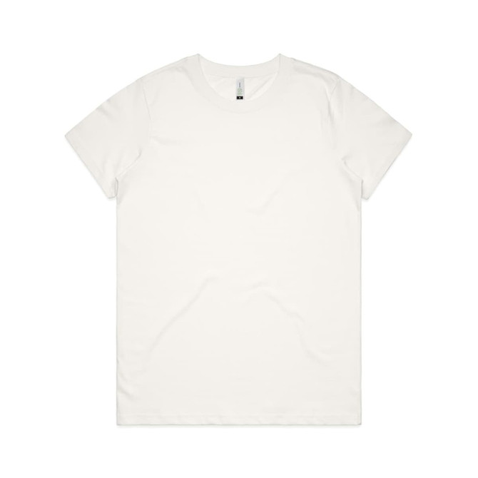 A plain white organic T-shirt with a crew neck and short sleeves, featuring a small logo.