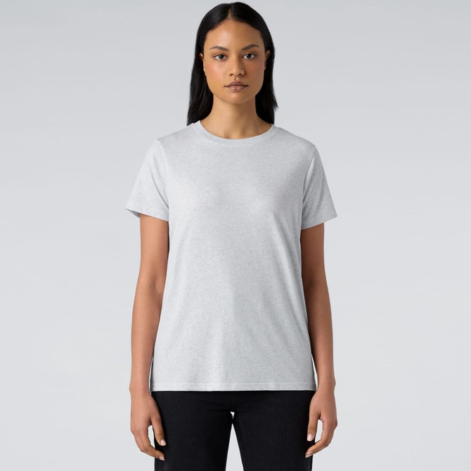A grey T-shirt with a classic crew neck and short sleeves, featuring a subtle logo.