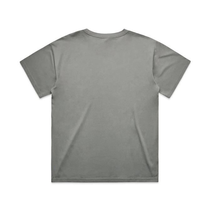 A grey T-shirt with a plain back and short sleeves. The fabric appears soft and smooth. It features a logo.