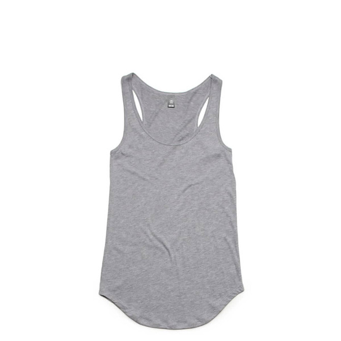 A grey racerback tank top with a rounded hem and a logo on the label.