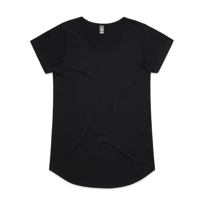 A black t-shirt with short sleeves and a rounded hem, featuring a label at the neckline.