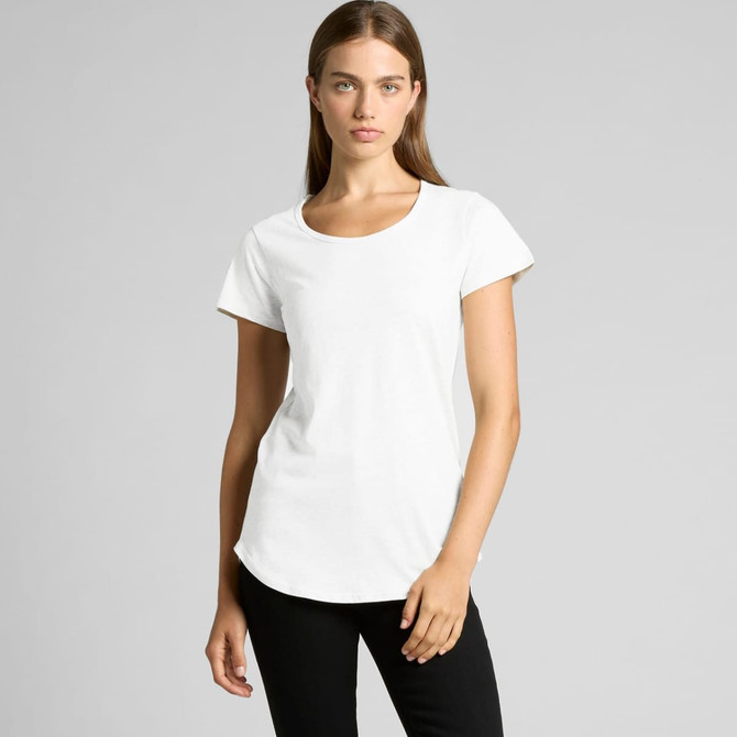 A white T-shirt with short sleeves and a rounded neckline, featuring a logo on the front.